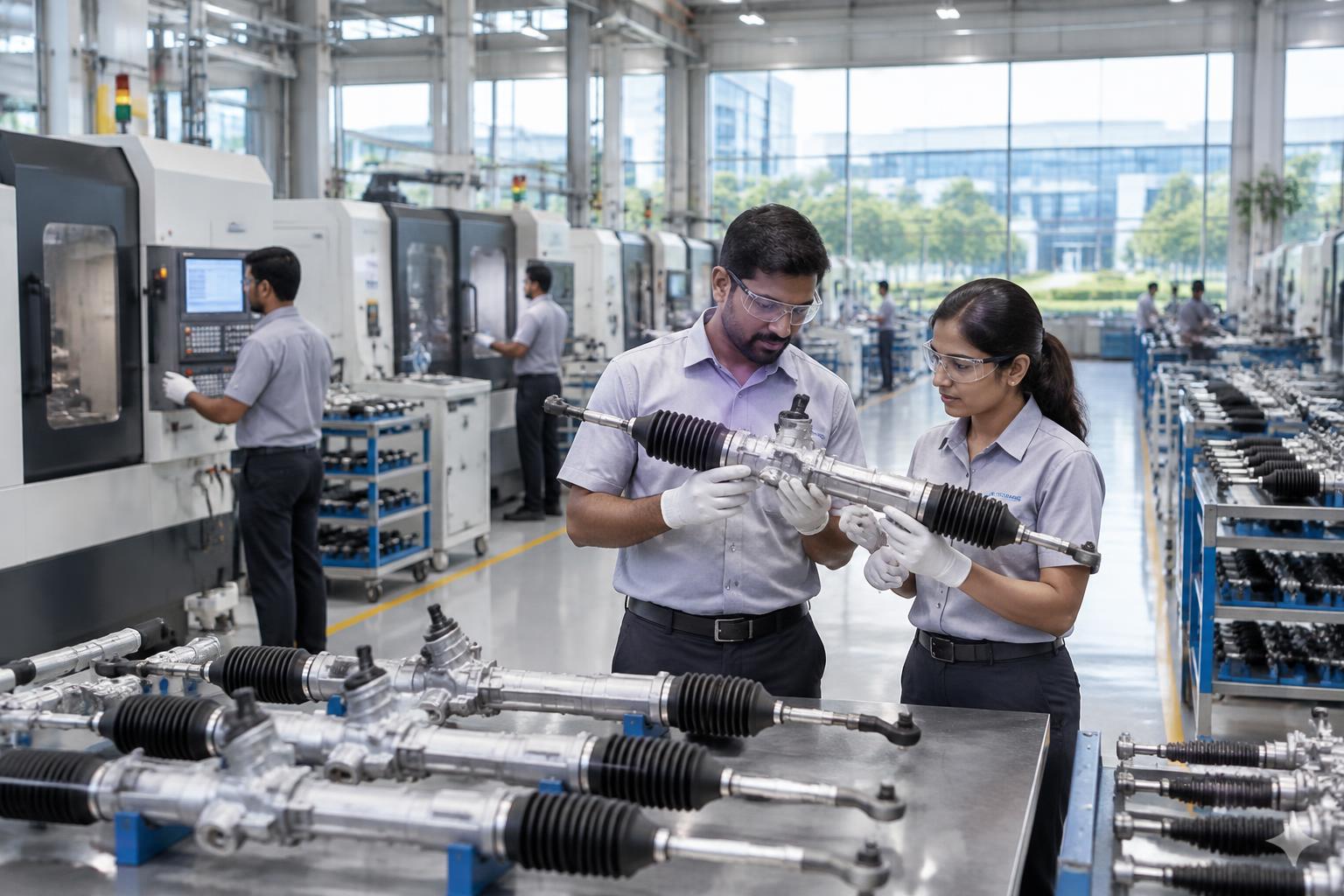 Engineers working together to inspect a steering assembly on a manufacturing floor